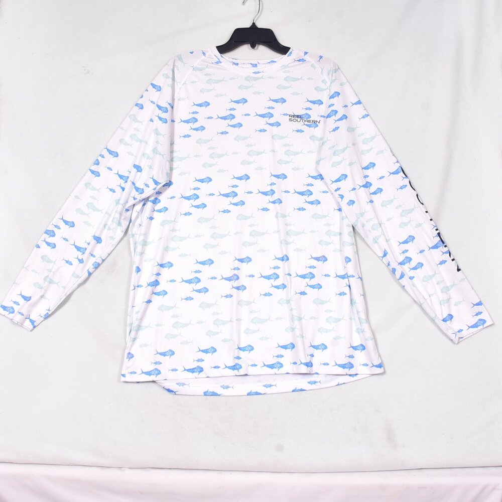 Reel Southern Fin Tuna Print Long Sleeve Fishing Shirt Men's XL White Blue SPF